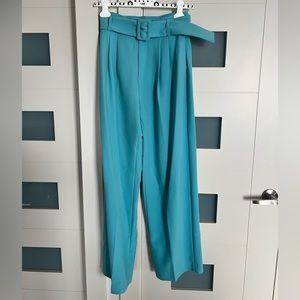Off-White Teal High-Waist Wide-Leg Pants with Belt